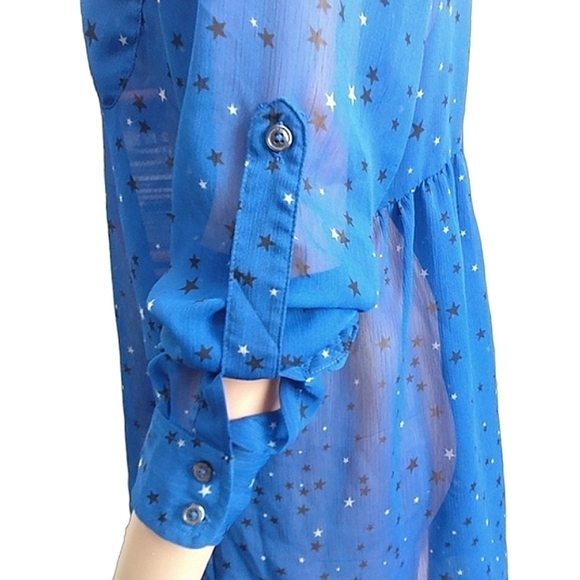 Express Sheer Long Sleeve Blue with Star Print Size Small Petite - Picture 6 of 8